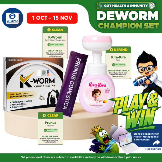 (Deworm Champion Set) K-Worm Chewtab, Flower-Shaped Foam Wash and Prunus Domestica