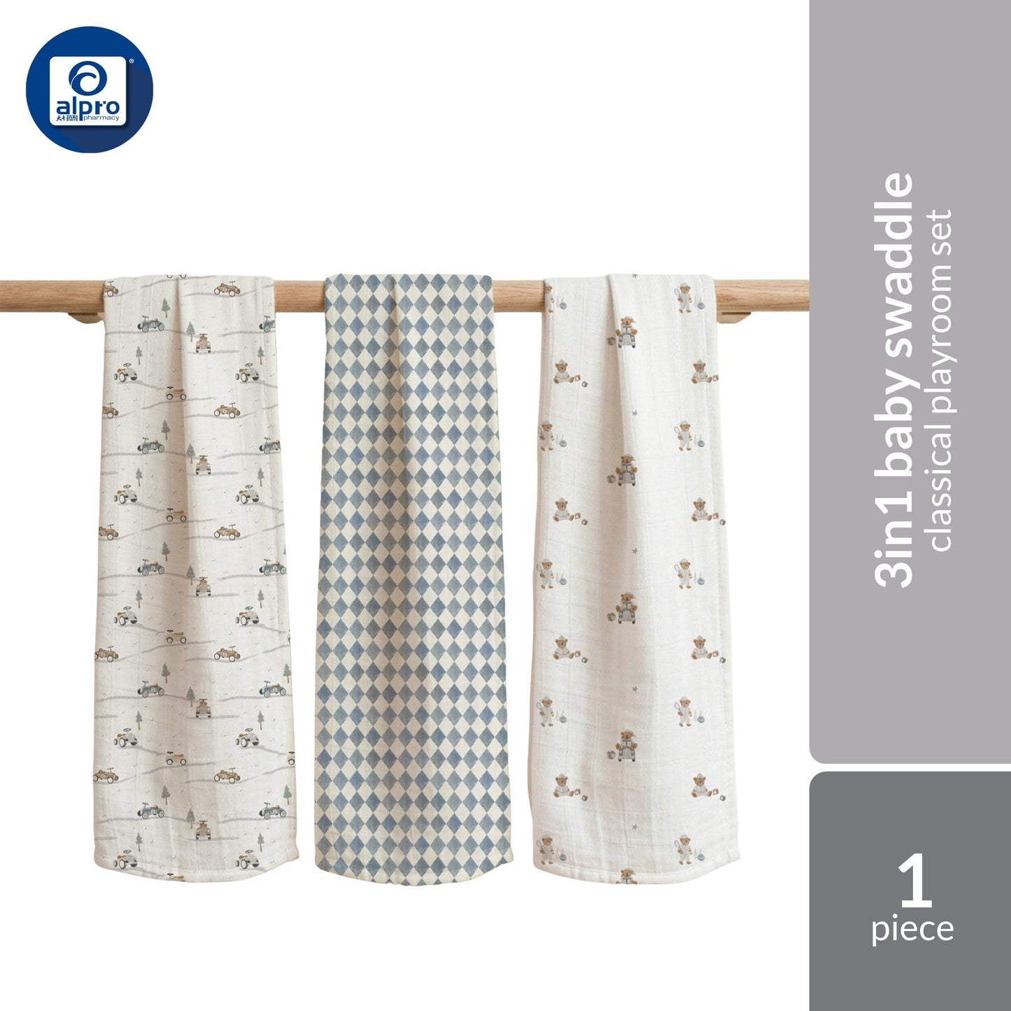 Joey & Mom 3-In-1 Swaddle Bundle Set | Organic Bamboo Cotton Muslin Swaddle 120cm × 120cm Joey & Mom