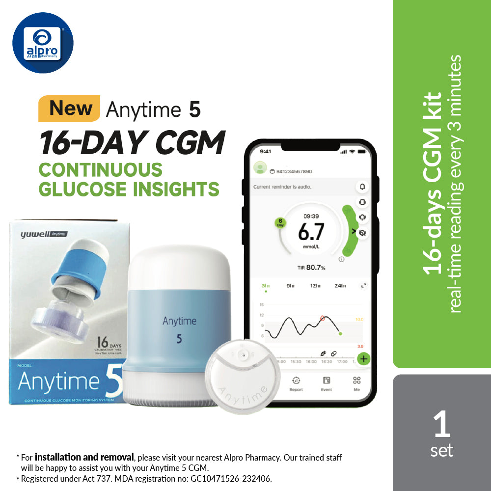 Yuwell Anytime 5 Continuous Glucose Monitoring (CGM) System Kit | 16-Day Calibration-Free Real-Time Glucose Monitoring
