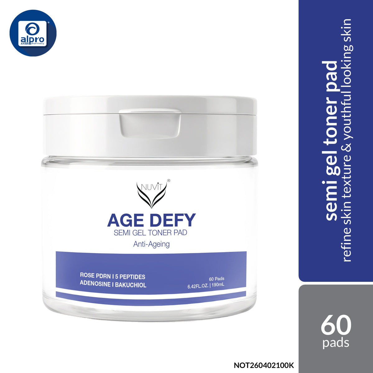NUViT AGE DEFY Semi Gel Toner Pad Anti-Ageing 60 Pads | Refine Skin Texture & Youthful Looking Skin