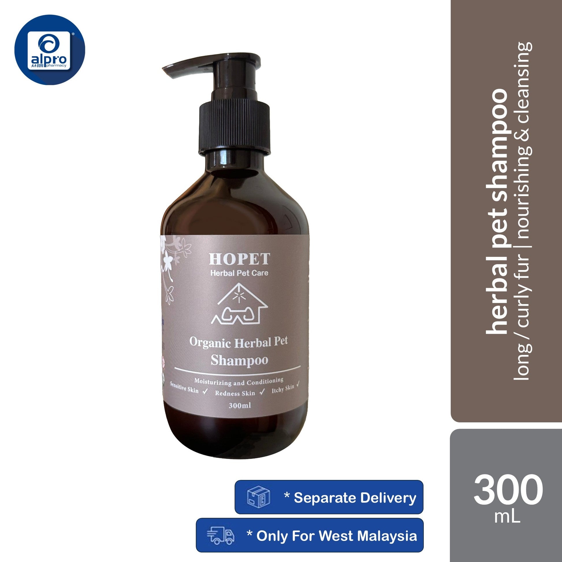 Hopet Natural Herbal Pet Shampoo (Long/Curly Fur / Short/Hard Fur) 300mL | Deeply Cleansing & Nourishing Pet’s Coat Hopet