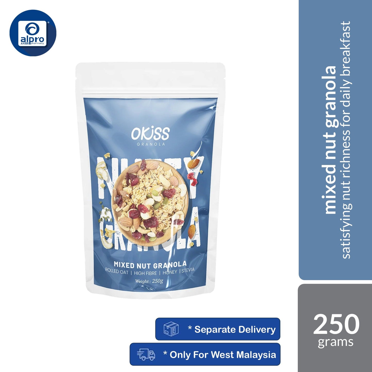 Okiss Granola (0% Sugar Chocolate / 0% Sugar Coconut / Gula Melaka / Vege Stack / Fruity Yogurt) 250g | Australian Oats Okiss