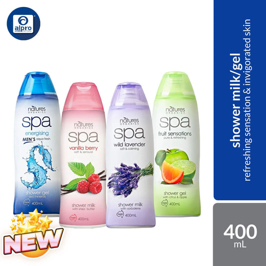 Natures Organics Spa Shower Milk/Gel (Wild Lavender / Fruit Sensations / Vanilla Berry / Men’s Aqua Fresh) 400mL Nature Organics