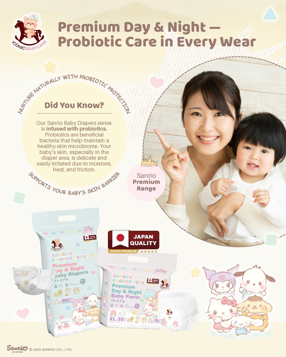 Iconic Babycare × Sanrio Premium Baby Diapers Pants (M 42s / L 36s / XL 30s / XXL 26s) | Premium Day & Night Comfort