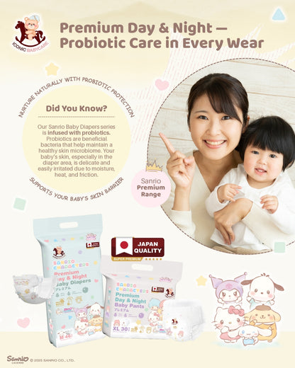 Iconic Babycare × Sanrio Premium Baby Diapers Pants (M 42s / L 36s / XL 30s / XXL 26s) | Premium Day & Night Comfort