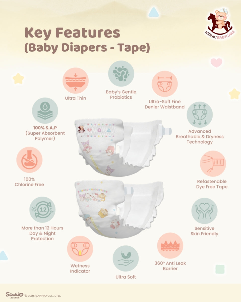 Iconic Babycare × Sanrio Premium Baby Diapers Tape (NB 28s / S 52s / M 46s / L 42s) | Premium Day & Night Comfort