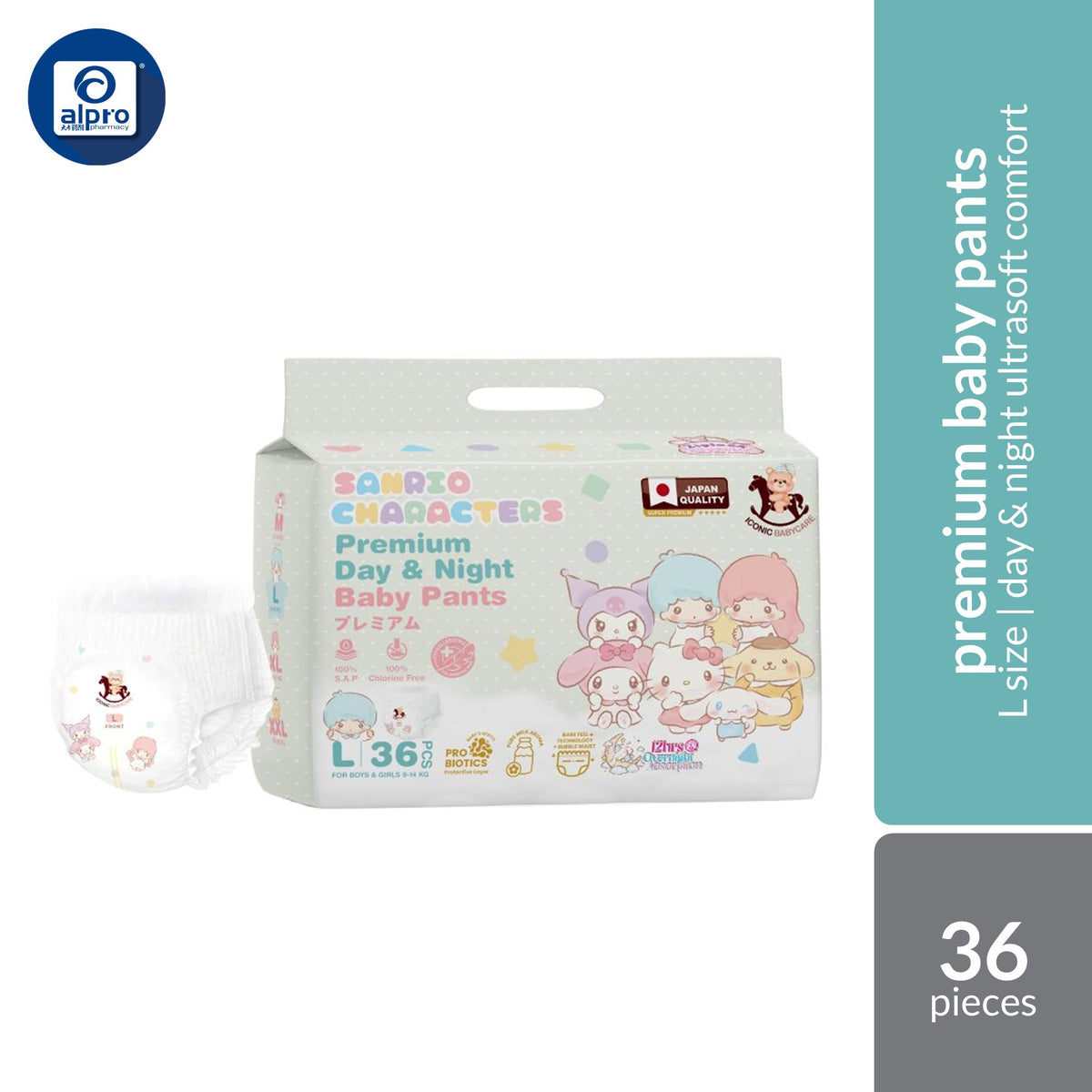 Iconic Babycare × Sanrio Premium Baby Diapers Pants (M 42s / L 36s / XL 30s / XXL 26s) | Premium Day & Night Comfort