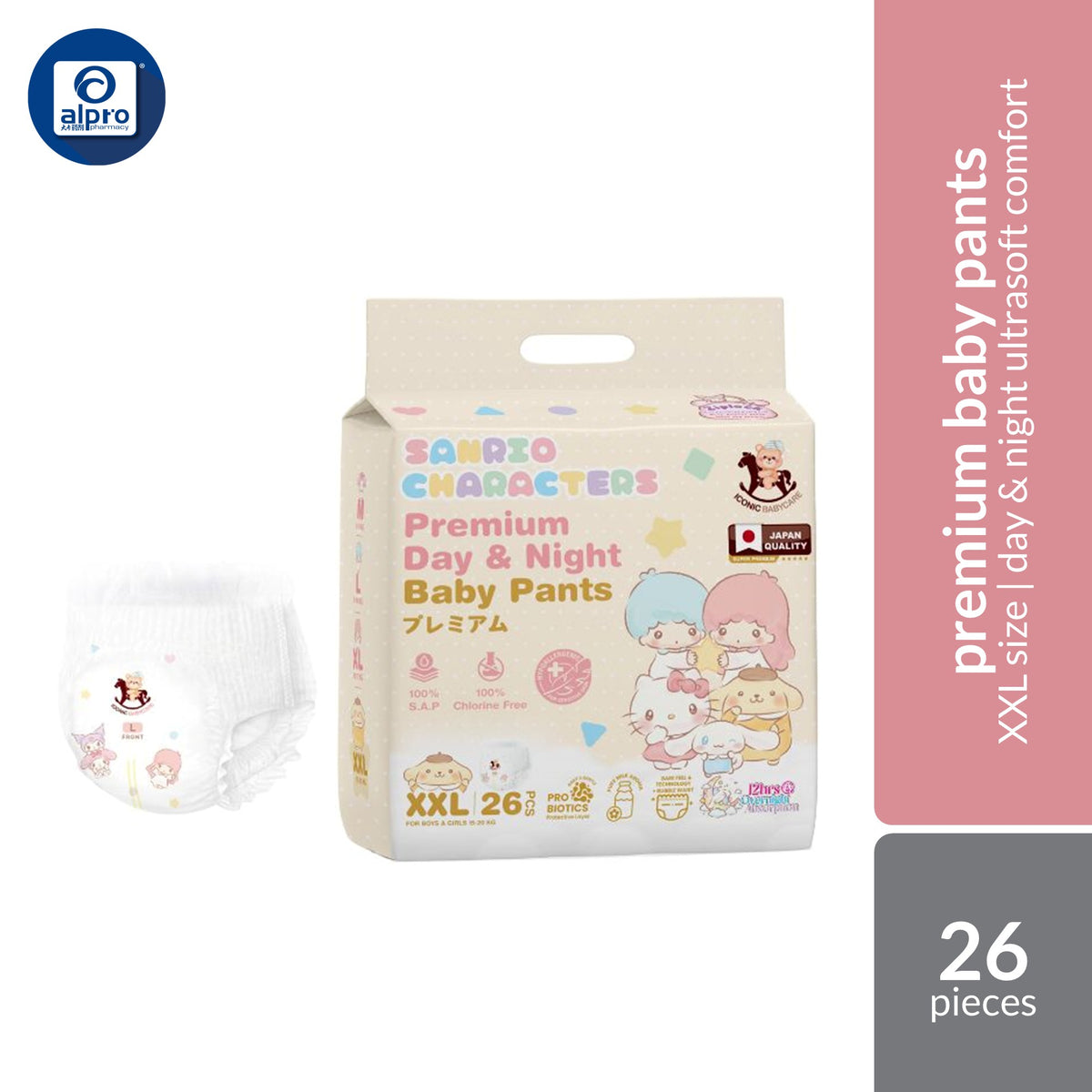 Iconic Babycare × Sanrio Premium Baby Diapers Pants (M 42s / L 36s / XL 30s / XXL 26s) | Premium Day & Night Comfort