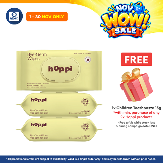 Hoppi Bye-Germ Wipes 80s ×3packs | Alcohol-Free & Paraben-Free Enriched with Aloe Vera