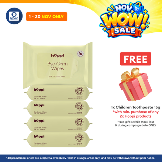 Hoppi Bye-Germ Wipes 20s ×5packs | Alcohol-Free & Paraben-Free Enriched with Aloe Vera
