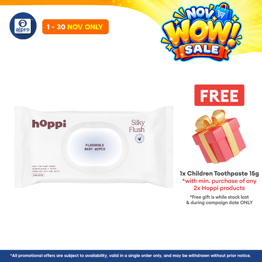 Hoppi Silky Flush Flushable Baby Wipes 56s | Silky-Soft Touch & Worry-Free Disposal