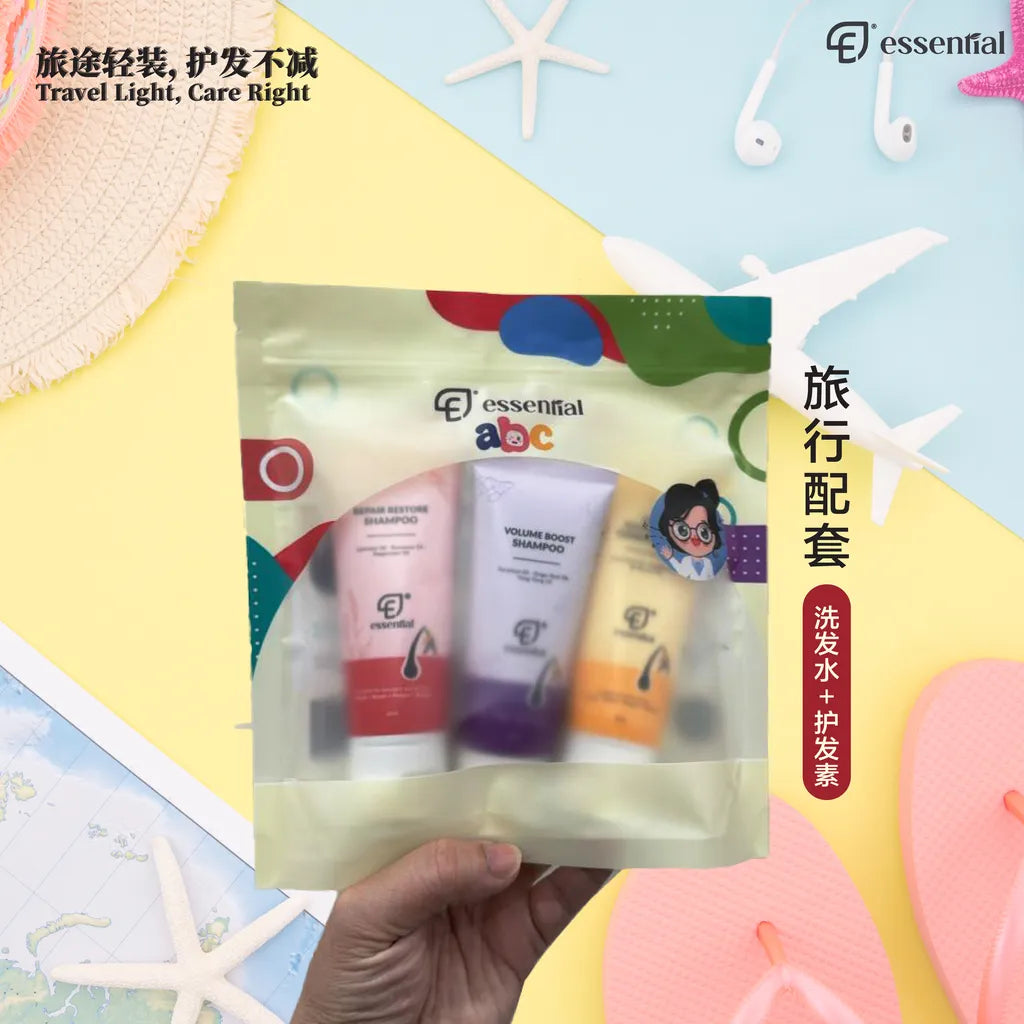 Essential Hair Care Travel Set | Repair Restore Shampoo 60ml + Volume Boost Shampoo 60ml + Conditioner 60ml