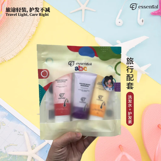 Essential Hair Care Travel Set | Repair Restore Shampoo 60ml + Volume Boost Shampoo 60ml + Conditioner 60ml