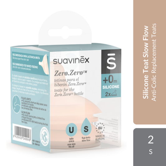 Suavinex Zero Zero Silicone Teat Slow Flow 0M+ 2s | Anti-Colic Replacement Teats With Slow Flow Suavinex