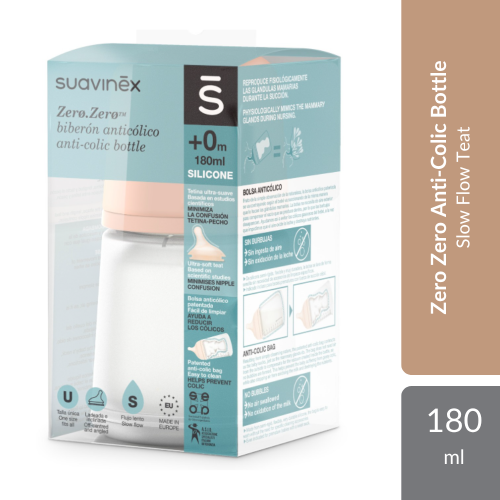 Suavinex Zero Zero Anti-Colic Bottle 180ml | Anti-Colic System With Slow Flow Teat For Newborns 0M+ Suavinex