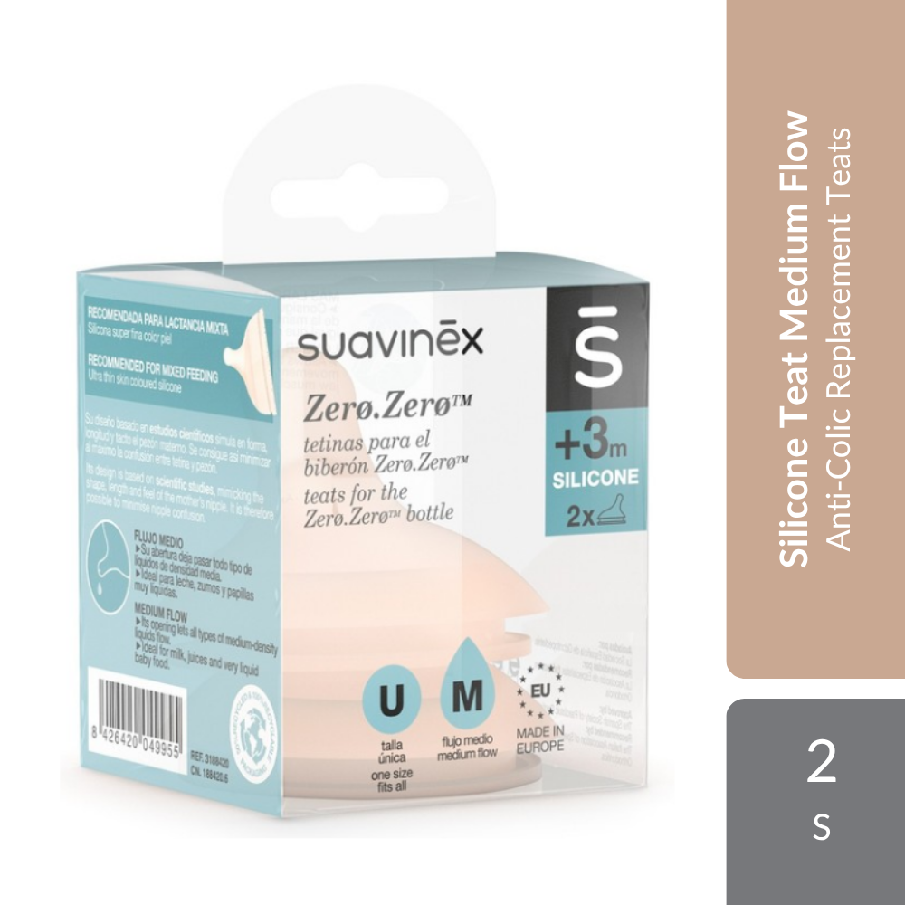 Suavinex Zero Zero Silicone Teat Medium Flow 3M+ 2s | Anti-Colic Replacement Teats With Medium Flow Suavinex