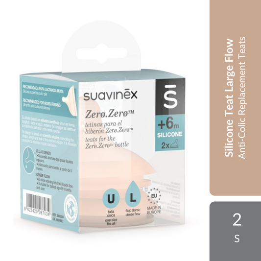Suavinex Zero Zero Silicone Teat Large Flow 6M+ 2s | Anti-Colic Replacement Teats With Large Flow Suavinex