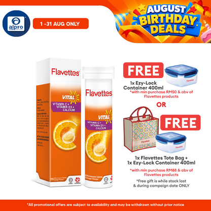 Flavettes Vital Effervescent Vit.C+D+Calcium (Orange) 15s | Bone Health Flavettes