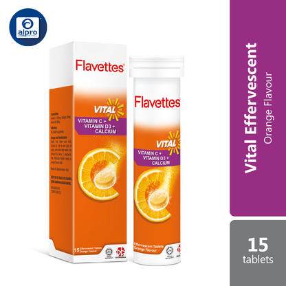 Flavettes Vital Effervescent Vit.C+D+Calcium (Orange) 15s | Bone Health Flavettes
