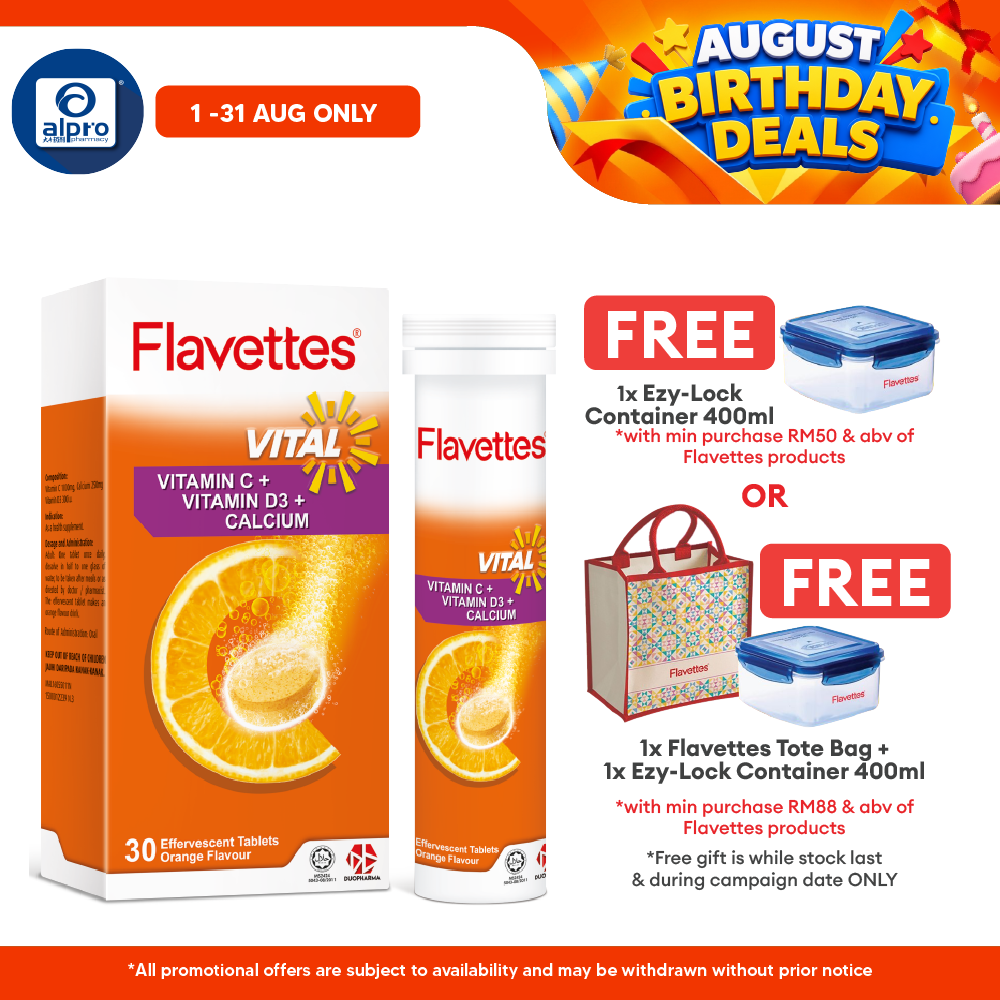 Flavettes Vital Effervescent Vit.C+D+Calcium (Orange) 30s | Bone Health Flavettes