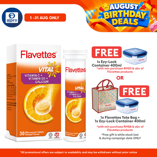 Flavettes Vital Effervescent Vit.C+D+Calcium (Orange) 30s | Bone Health Flavettes