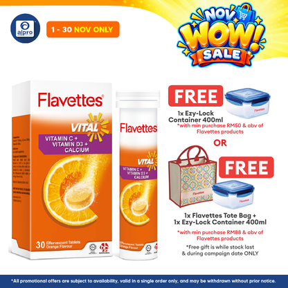Flavettes Vital Effervescent Vit.C+D+Calcium (Orange) 30s | Bone Health