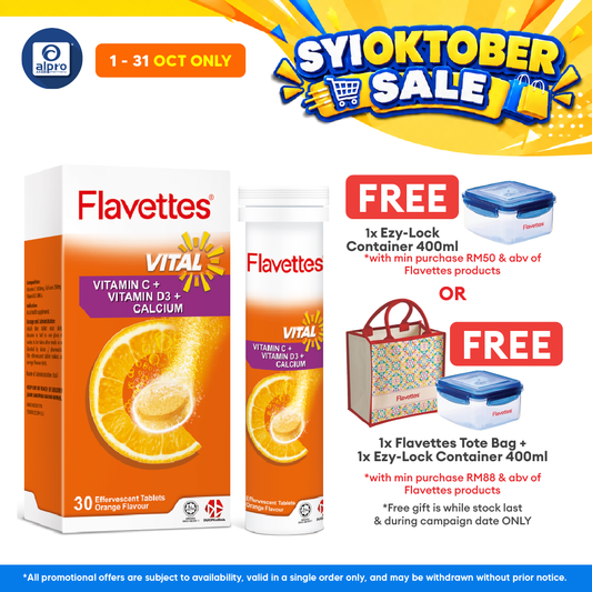 Flavettes Vital Effervescent Vit.C+D+Calcium (Orange) 30s | Bone Health