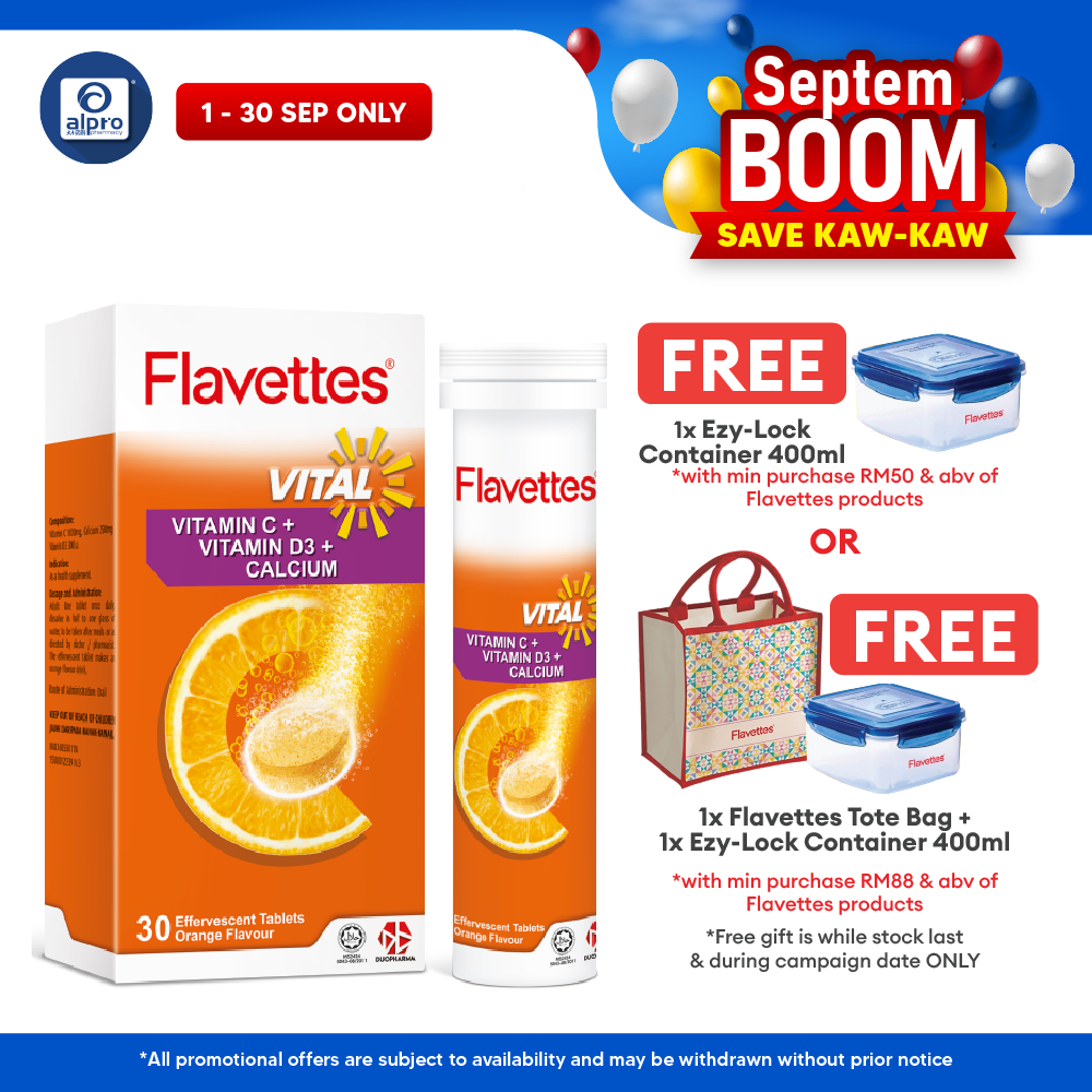 Flavettes Vital Effervescent Vit.C+D+Calcium (Orange) 30s | Bone Health Flavettes