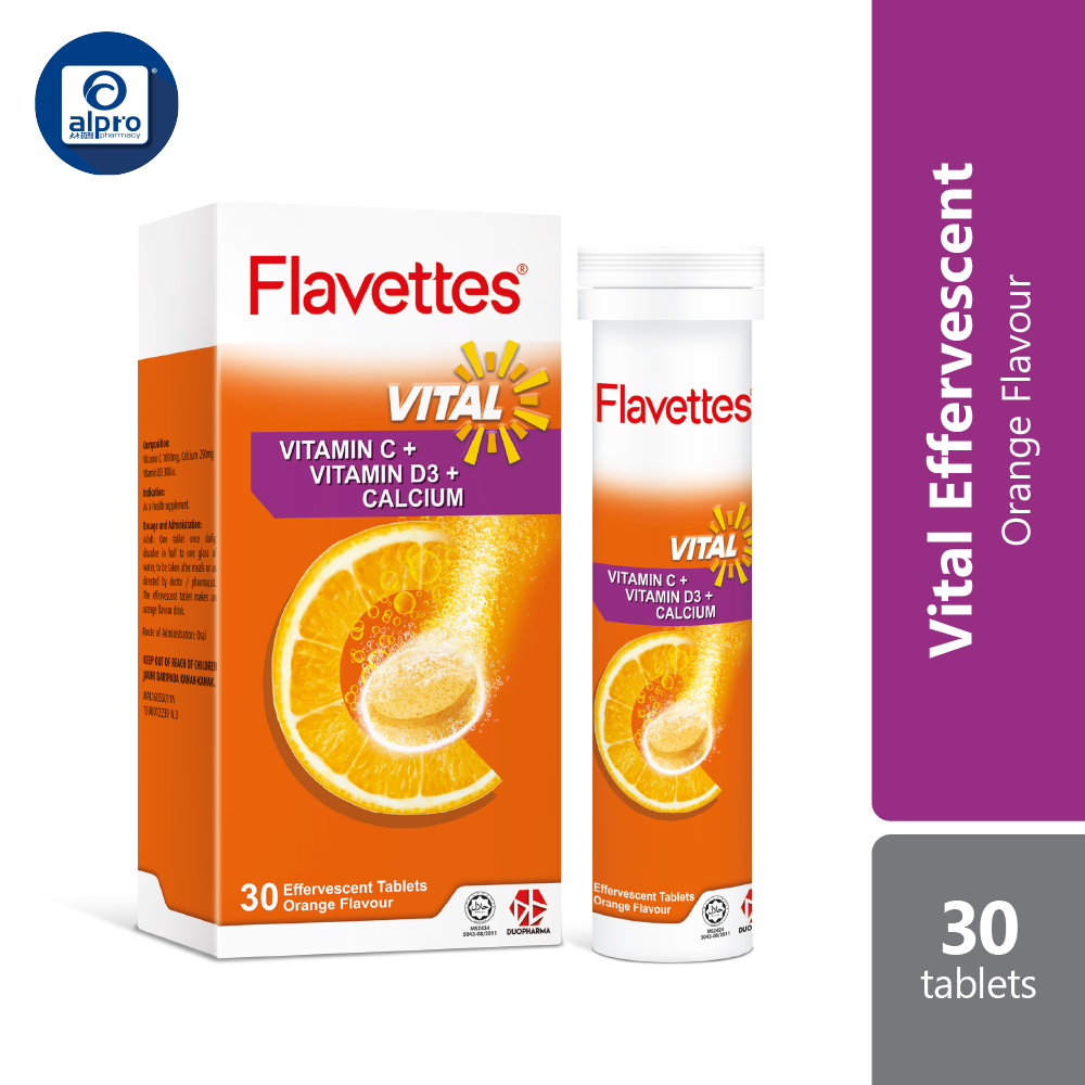 Flavettes Vital Effervescent Vit.C+D+Calcium (Orange) 30s | Bone Health Flavettes