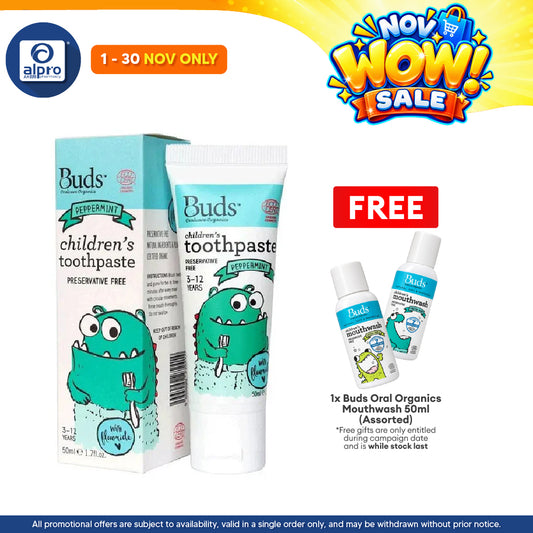 Buds Oralcare Organics: Children's Toothpaste Peppermint With Xylitol - 50ml (3-12 years old)