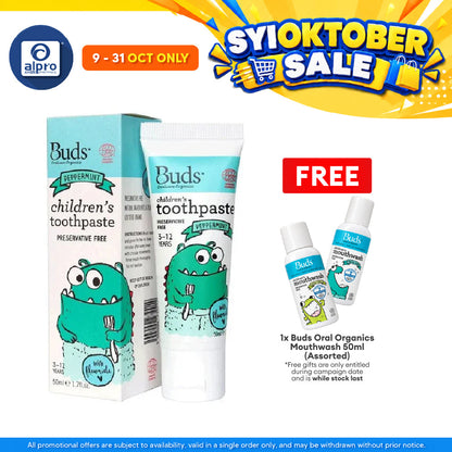 Buds Oralcare Organics: Children's Toothpaste Peppermint With Xylitol - 50ml (3-12 years old)