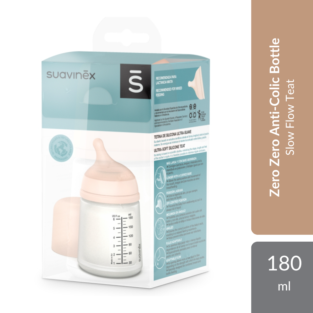 Suavinex Zero Zero Anti-Colic Bottle 180ml | Anti-Colic System With Slow Flow Teat For Newborns 0M+ Suavinex
