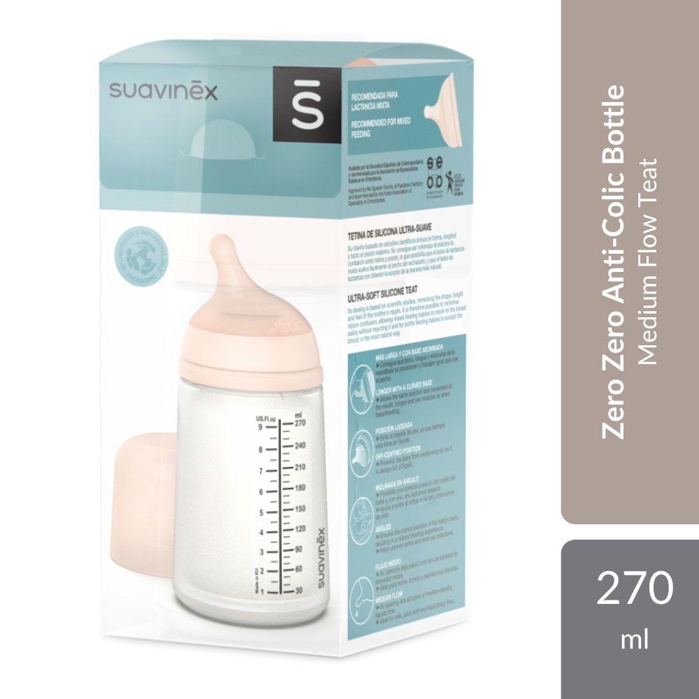 Suavinex Zero Zero Anti-Colic Bottle 270ml | Anti-Colic System With Medium Flow Teat For Babies 3M+ Suavinex