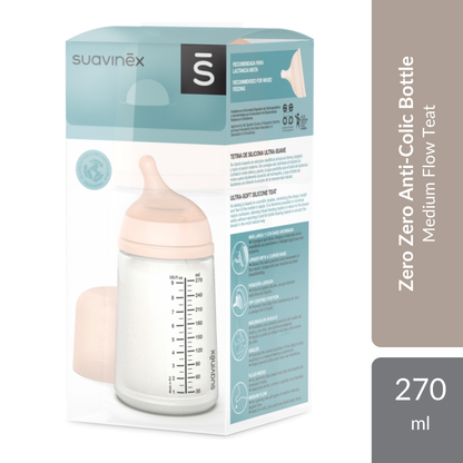 Suavinex Zero Zero Anti-Colic Bottle 270ml | Anti-Colic System With Medium Flow Teat For Babies 3M+ Suavinex