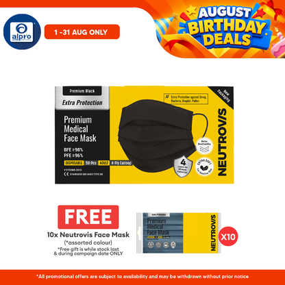 Neutrovis 4ply Premium Medical Face Mask with Extra Protection (Black) 50s | For Adult Neutrovis