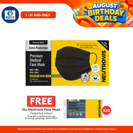 Neutrovis 4ply Premium Medical Face Mask with Extra Protection (Black) 50s | For Adult Neutrovis
