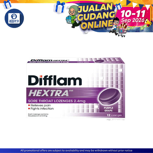Difflam Hextra Sore Throat Lozenges Purple Grape 12s | Helps to Fight Minor Throat and Mouth Infections Difflam