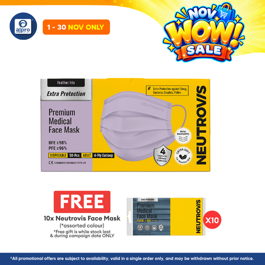 Neutrovis 4ply Premium Medical Face Mask with Extra Protection (Feather Iris) 50s | For Adults