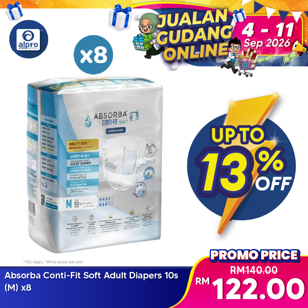 Absorba Conti-Fit Soft Adult Diapers M 10s x 8packs | Fast Absorption Absorba