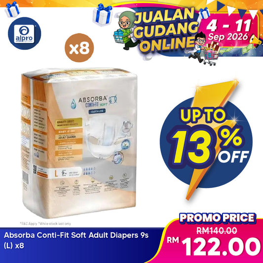 Absorba Conti-Fit Soft Adult Diapers L 9s x 8packs | Fast Absorption Absorba