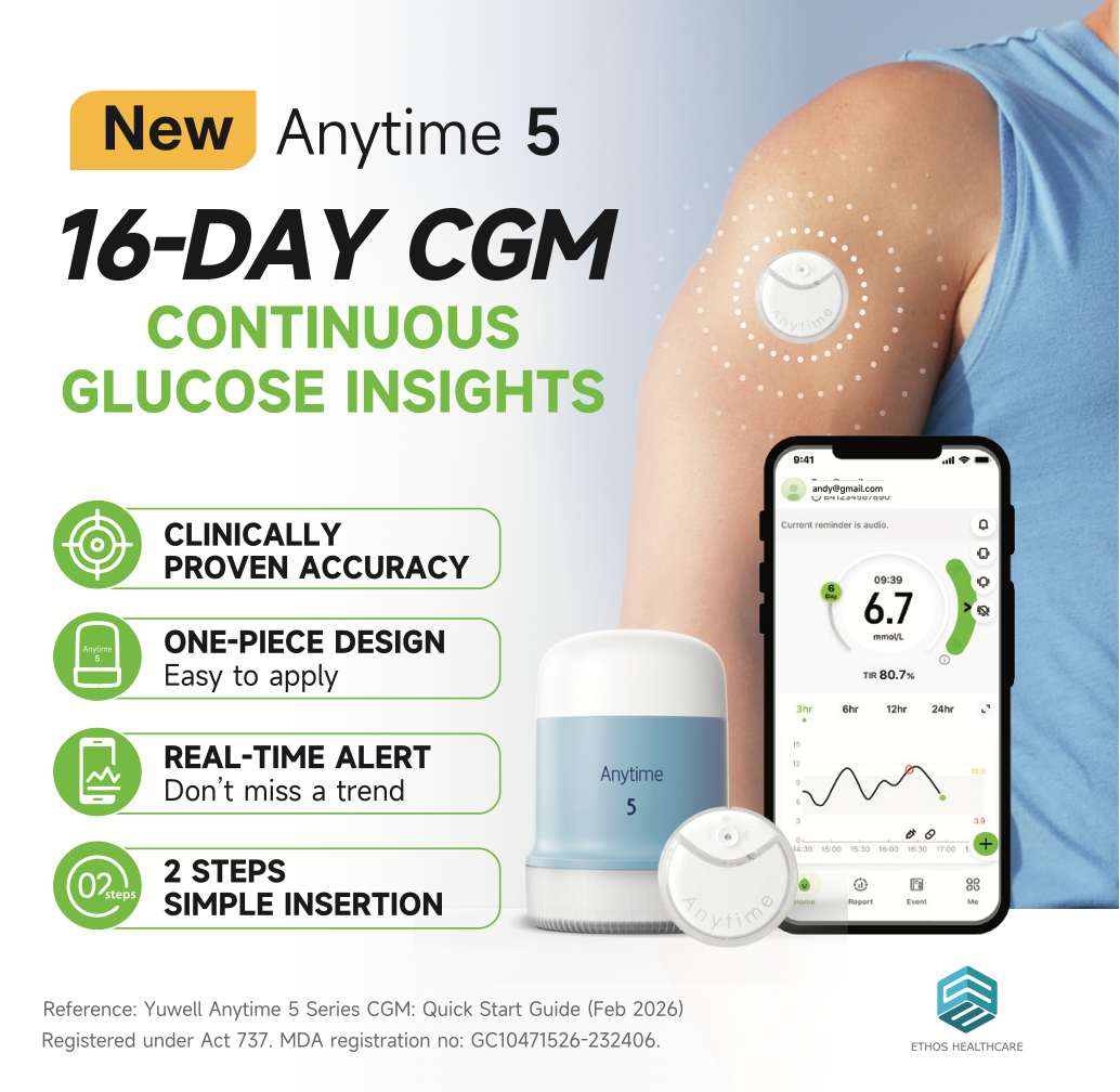 Yuwell Anytime 5 Continuous Glucose Monitoring (CGM) System Kit | 16-Day Calibration-Free Real-Time Glucose Monitoring