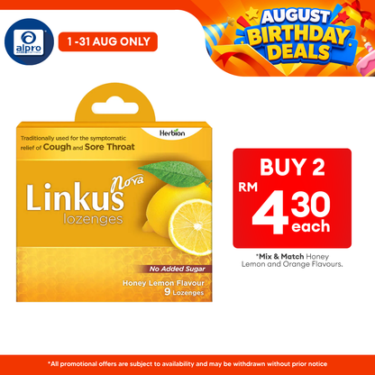 Linkus Nova Honey Lemon Lozenges 9s | Relief Cough & Sora Throats Herbion