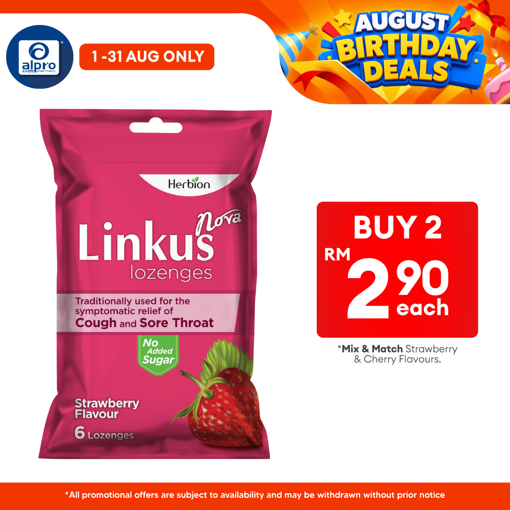 Linkus Nova Strawberry Lozenges 6S | Relief Cough & Sore Throat Herbion