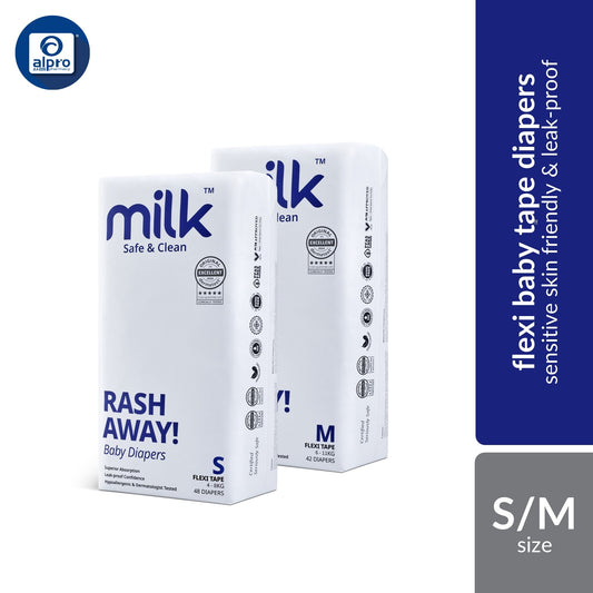 Milk Flexi Tape Baby Diapers (Size S48pcs/ M42pcs) | Sensitive Skin Friendly & Leak-Proof MILK Diapers