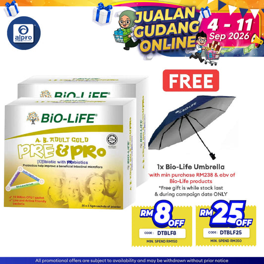 Bio-life A.B. Gold Prebiotic With Probiotic 2.5g 2x30 Sachet | For Adults (Exp: 01/2025) Bio-life