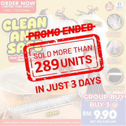 [Group Buy Delivery Starts: 16/2/2026] Food Grade Disposable Plastic Wrap Cover x100s  | Easy To Stretch 3 Times Long Group Buy