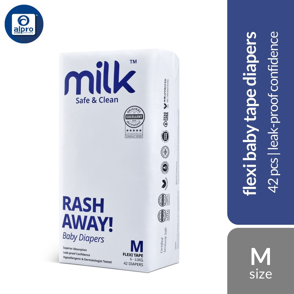 Milk Flexi Tape Baby Diapers (Size S48pcs/ M42pcs) | Sensitive Skin Friendly & Leak-Proof MILK Diapers