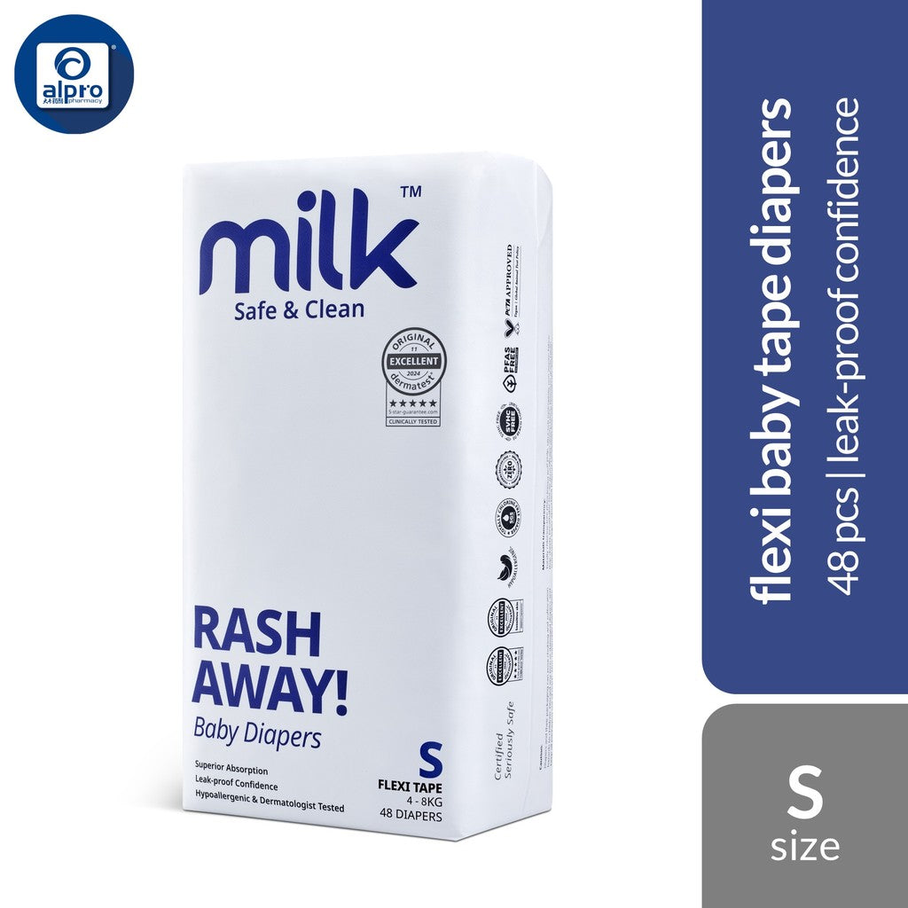 Milk Flexi Tape Baby Diapers (Size S48pcs/ M42pcs) | Sensitive Skin Friendly & Leak-Proof MILK Diapers