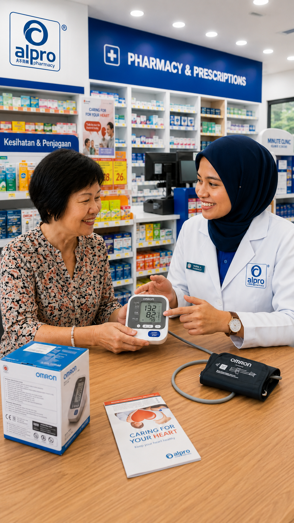 Malaysian pharmacist consulting a patient about device accuracy