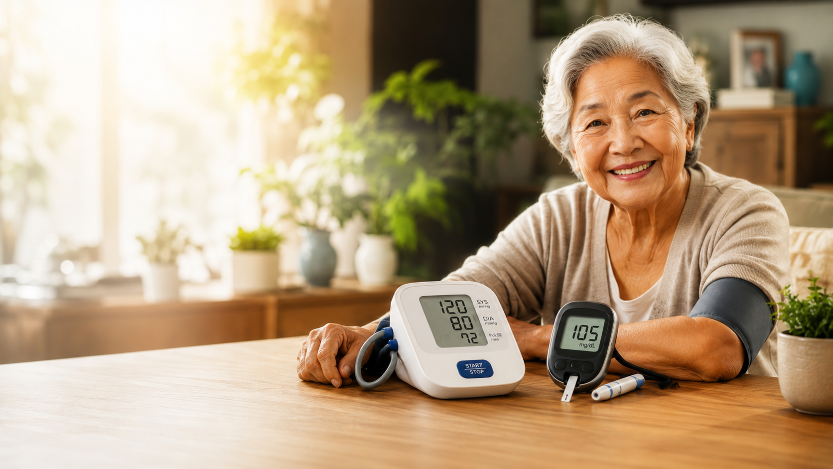 Senior woman checking her blood pressure monitor and glucometer readings at home